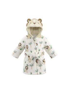 Lion-Themed Baby Hooded Bathrobe With Tie Closure & Safari Print Size S Kids